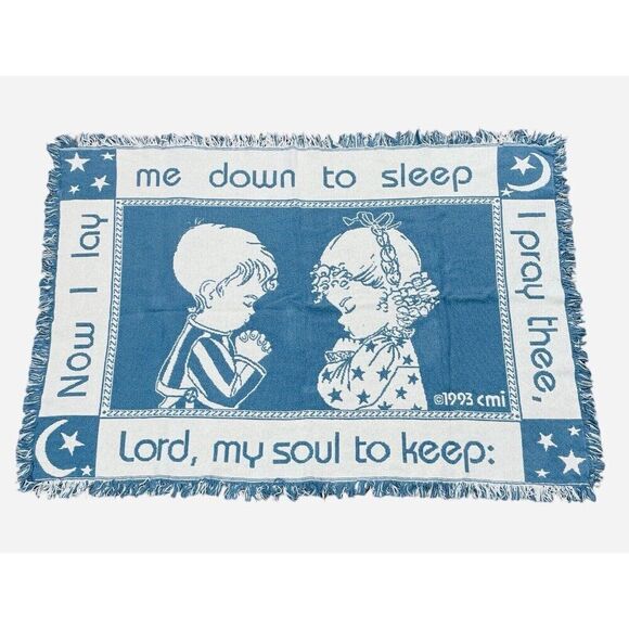 Vintage 1993 CMI Childrens Prayer Tapestry Throw 47x33 Now I Lay Me Kids Praying - Picture 1 of 8
